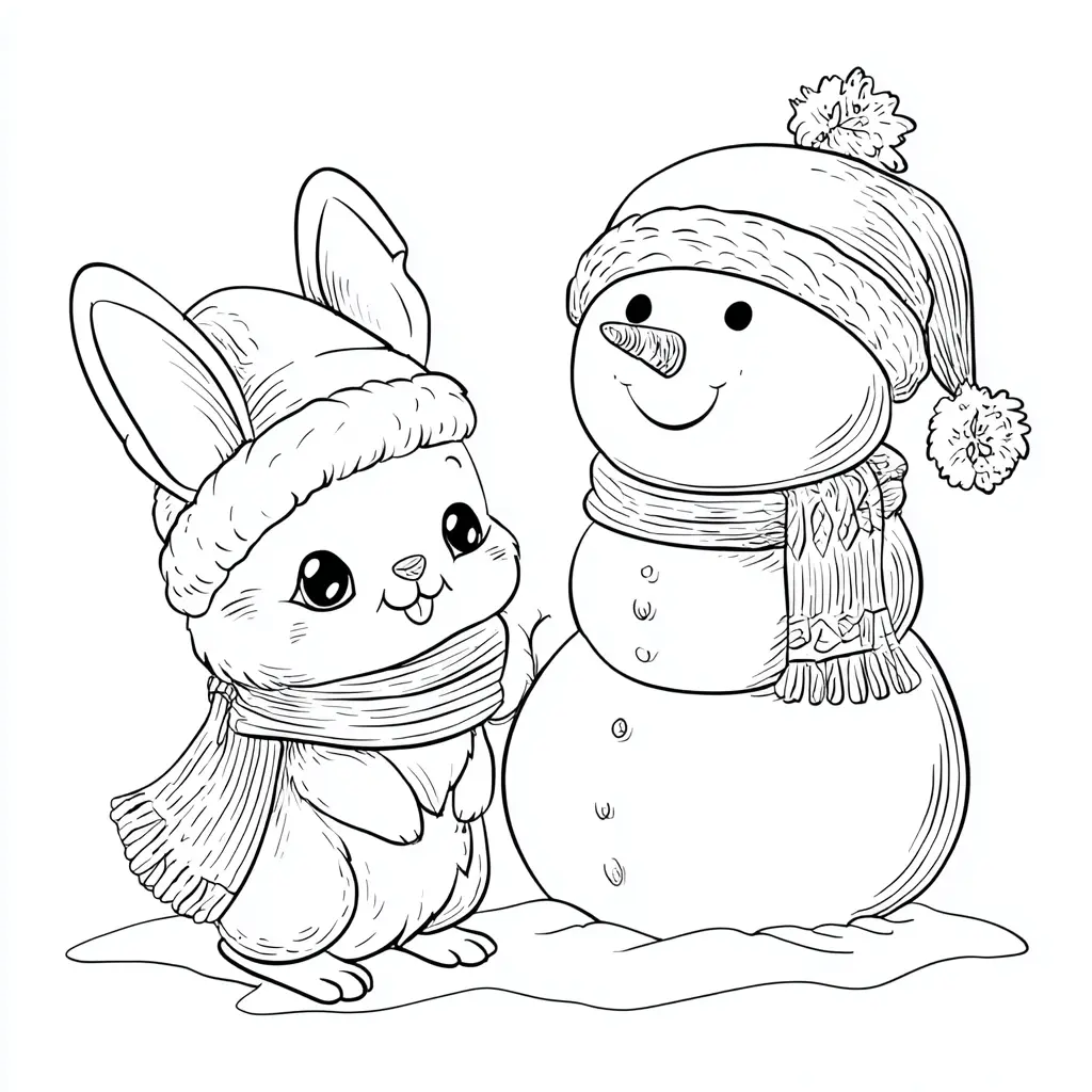 Dibujo de conejito y su amigo de nieve para colorear Dibujo de conejito y su amigo de nieve para colorear