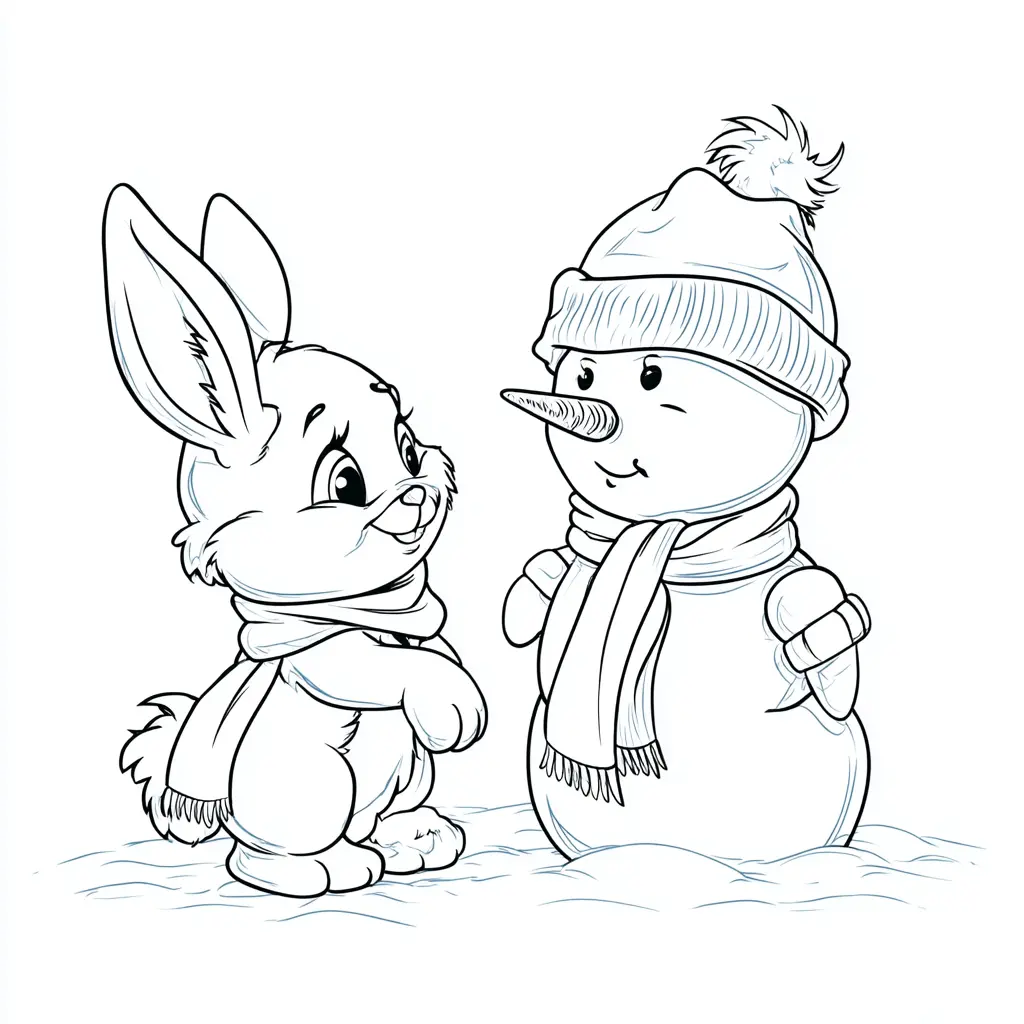 Dibujo de conejito con su muñeco de nieve para colorear Dibujo de conejito con su muñeco de nieve para colorear