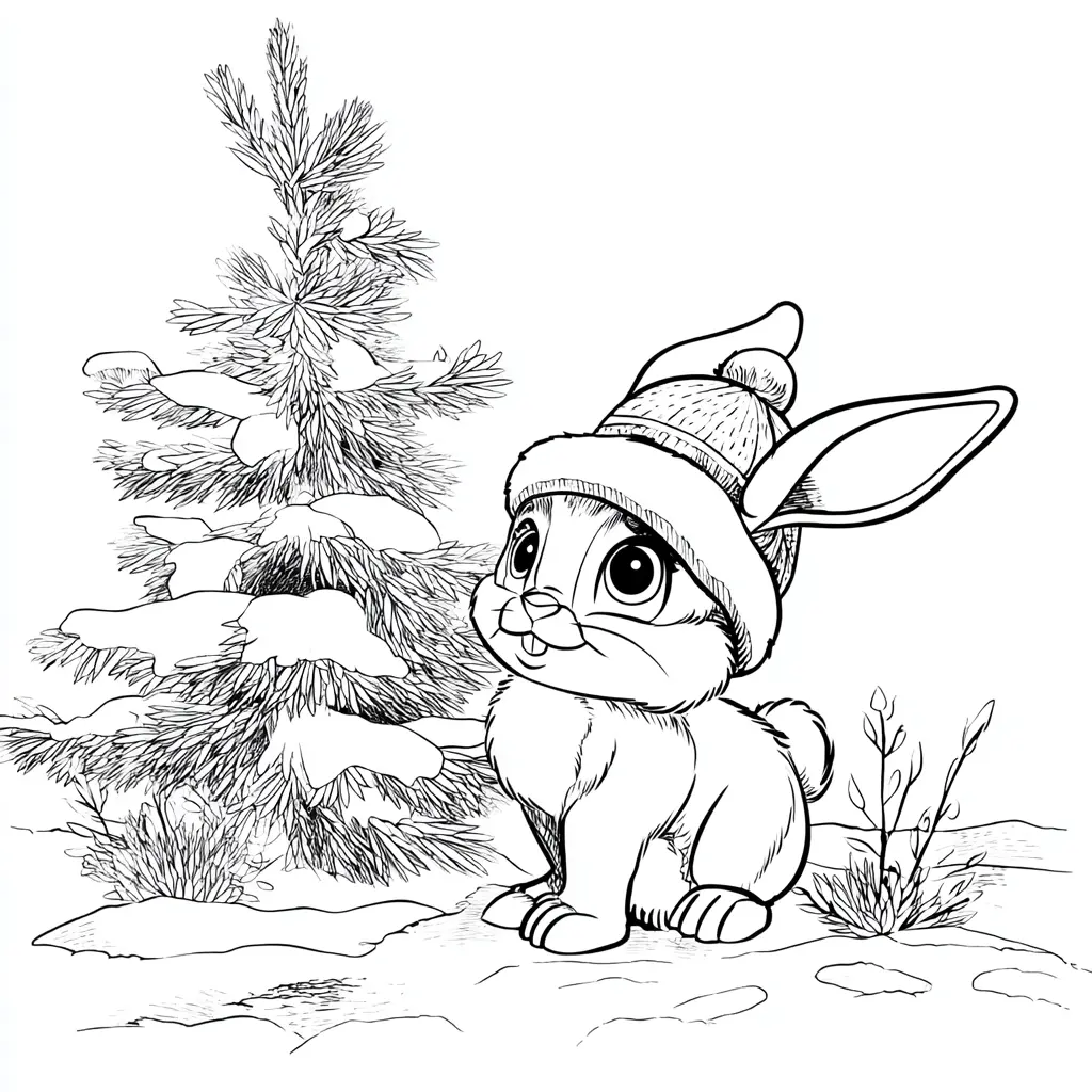 Dibujo de conejito y el árbol nevado para colorear Dibujo de conejito y el árbol nevado para colorear