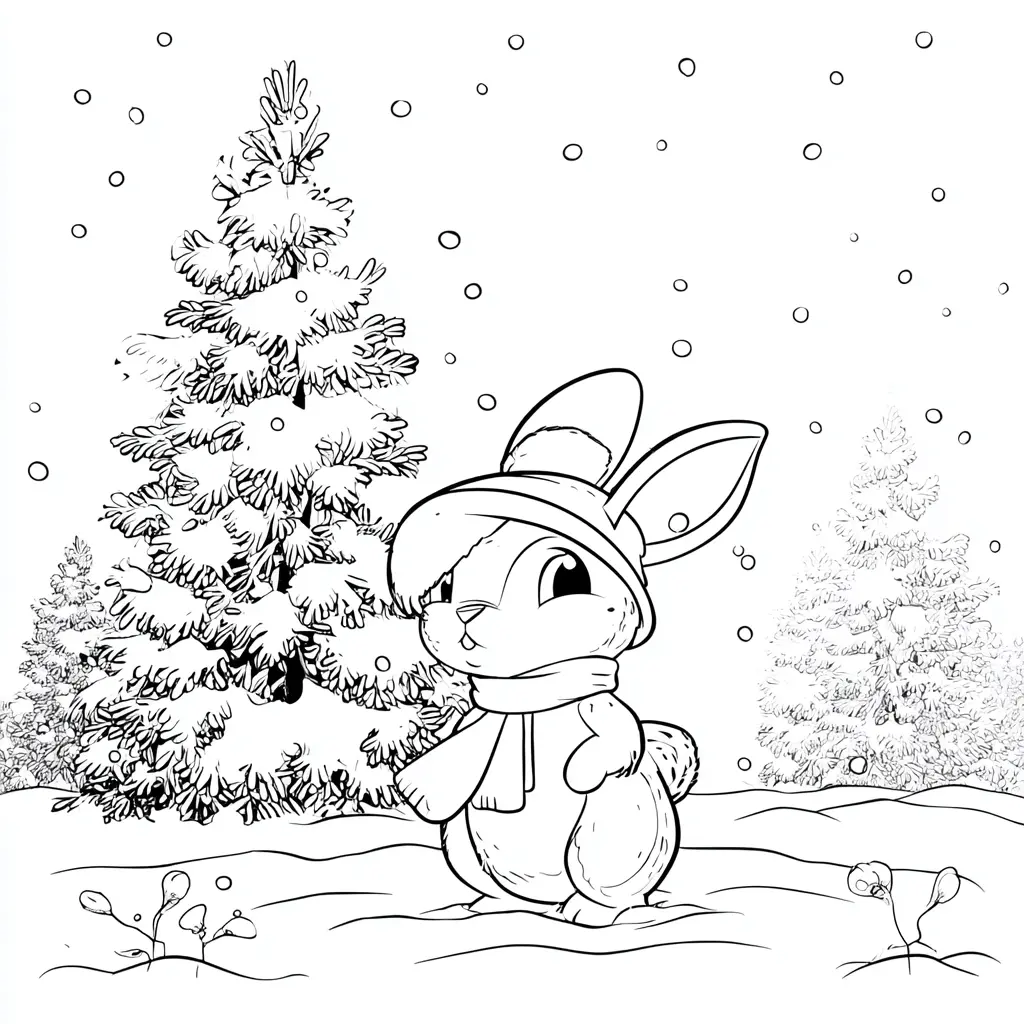 Dibujo de conejito bajo la nieve para colorear Dibujo de conejito bajo la nieve para colorear