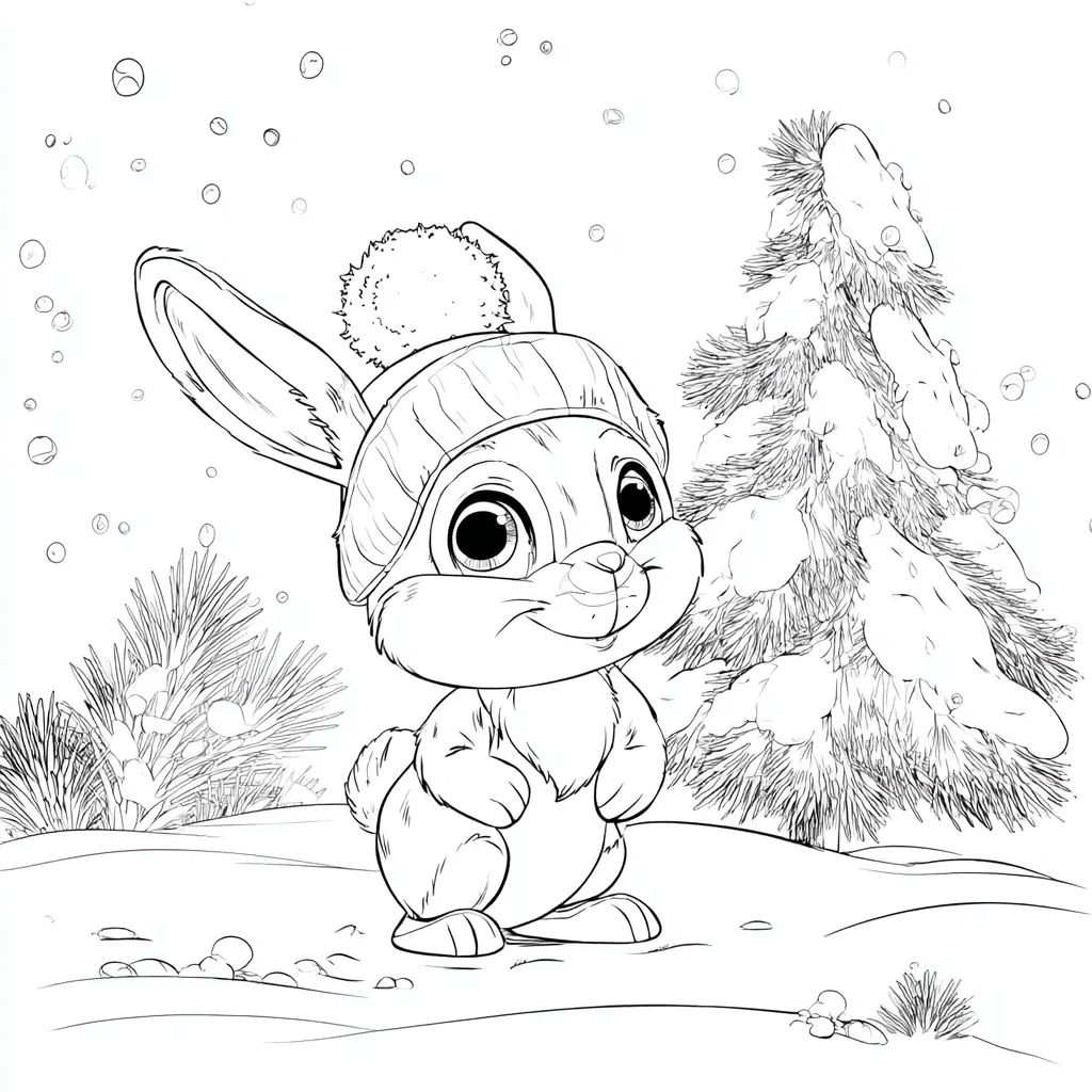 Dibujo de conejito gracioso en la nieve para colorear Dibujo de conejito gracioso en la nieve para colorear