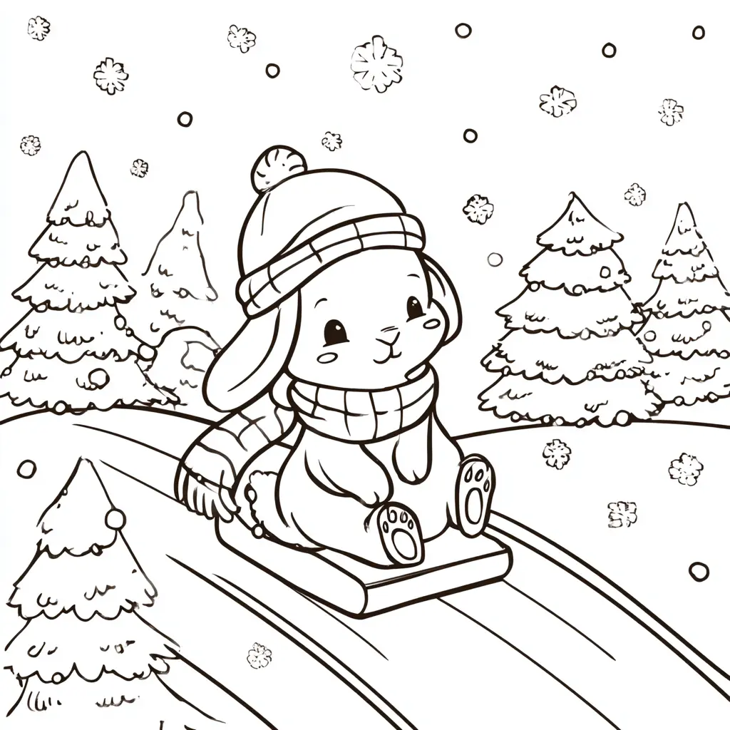 Dibujo de conejito en el bosque nevado para colorear Dibujo de conejito en el bosque nevado para colorear