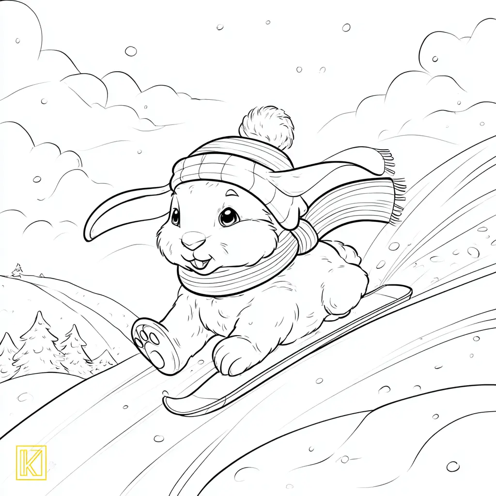 Dibujo de conejito se divierte en la nieve para colorear Dibujo de conejito se divierte en la nieve para colorear