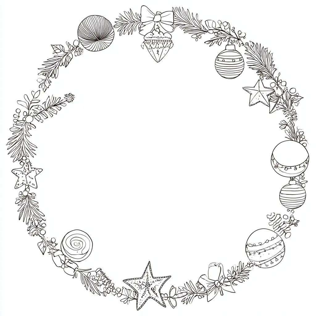 Dibujo de corona de hojas y bolas navideñas para colorear Dibujo de corona de hojas y bolas navideñas para colorear