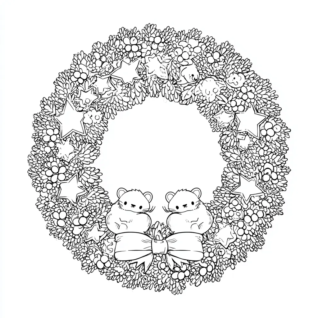 Dibujo de corona navideña con dos amigos ratones para colorear Dibujo de corona navideña con dos amigos ratones para colorear