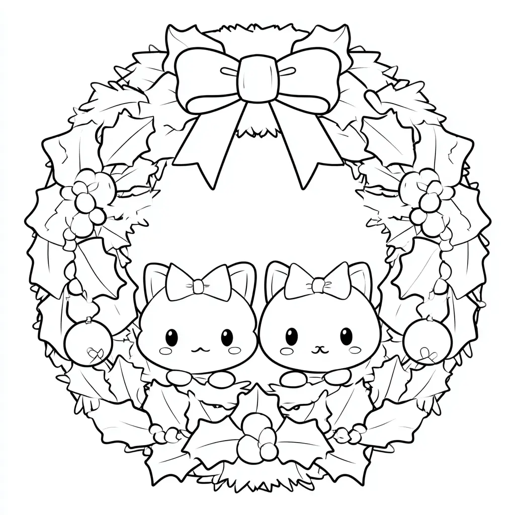 Dibujo de corona navideña con dos gatitas para colorear Dibujo de corona navideña con dos gatitas para colorear
