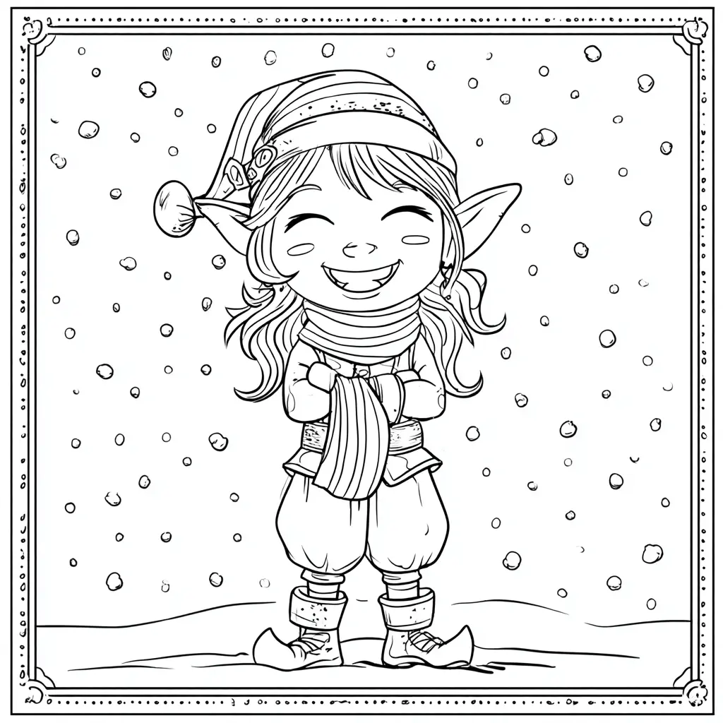 Dibujo de duende feliz bajo la nieve para colorear