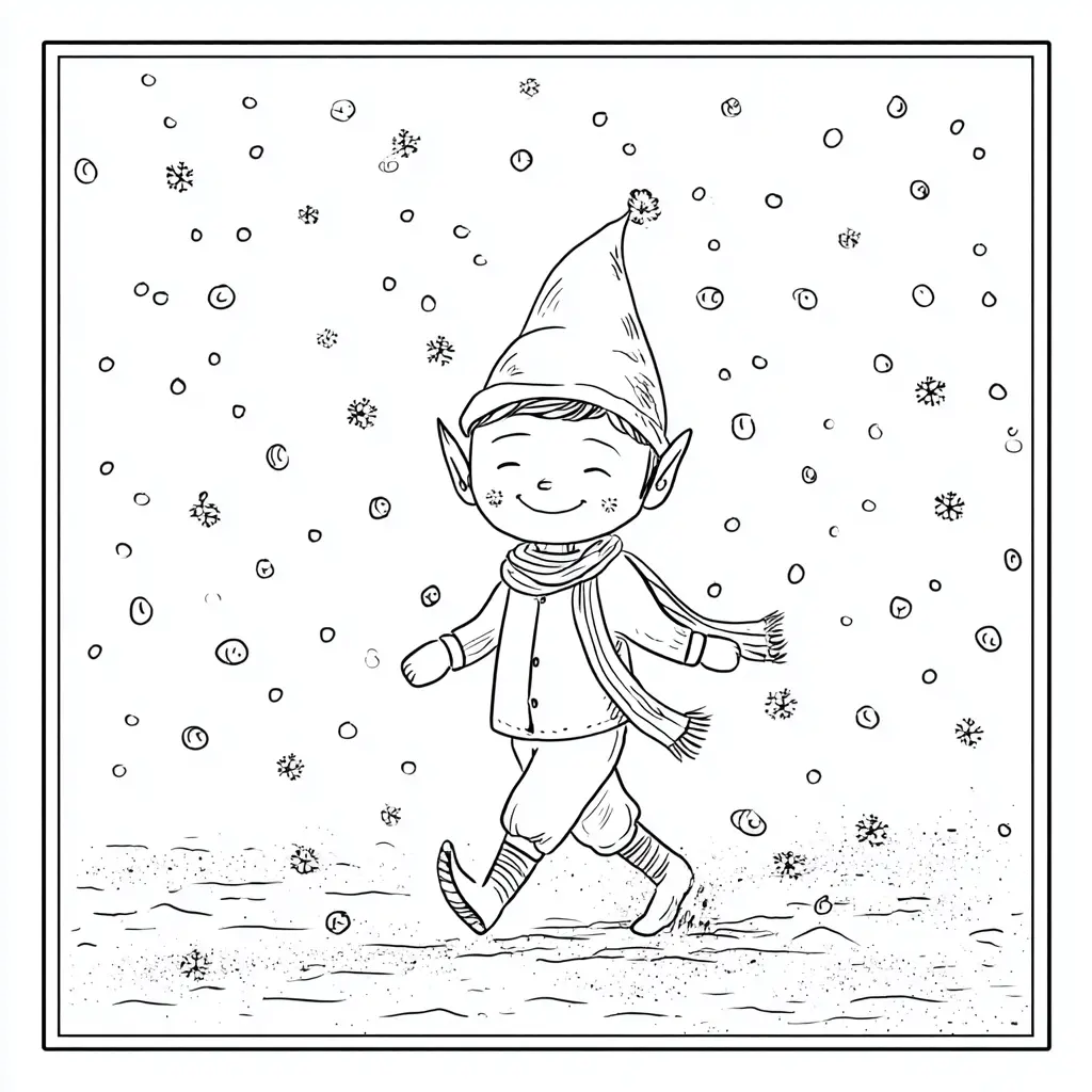 Dibujo de duende caminando feliz en la nieve para colorear