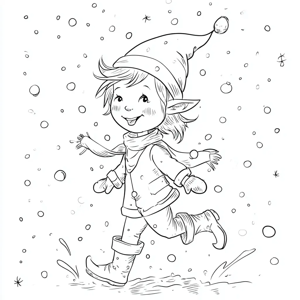Dibujo de duende corre contento en la nieve para colorear
