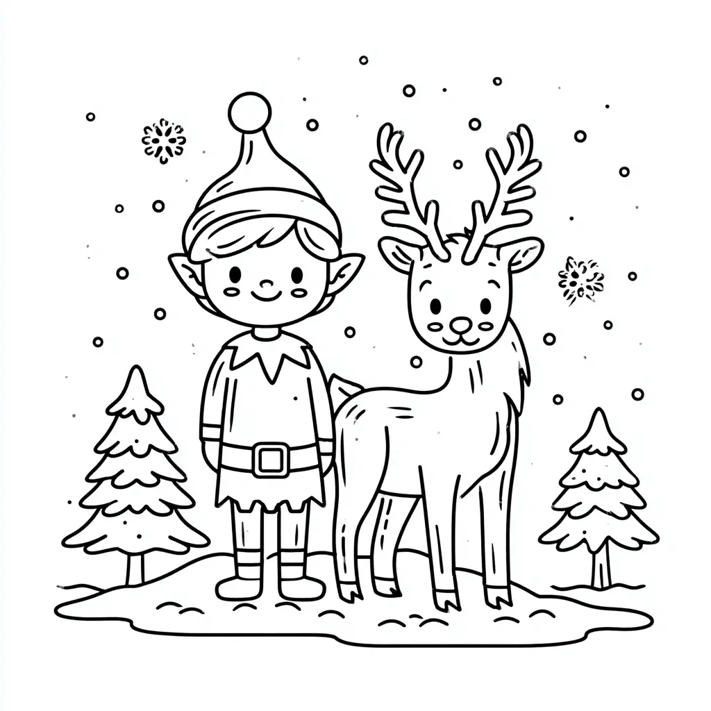 Dibujo de gnomo y reno navideños para colorear