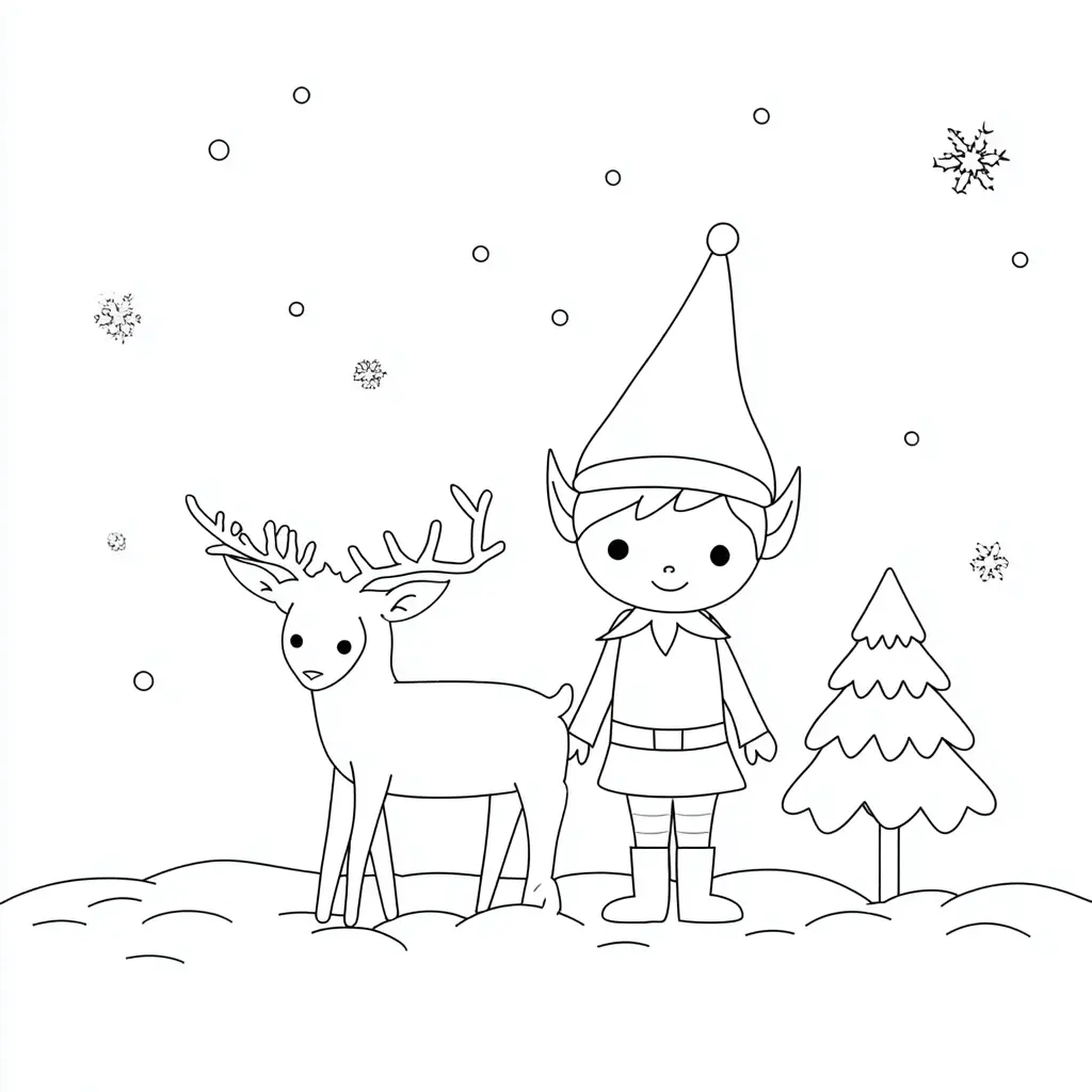 Dibujo de duende y reno bajo la nieve para colorear