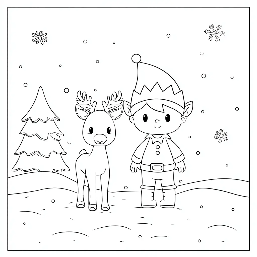 Dibujo de un duende con su amigo reno para colorear