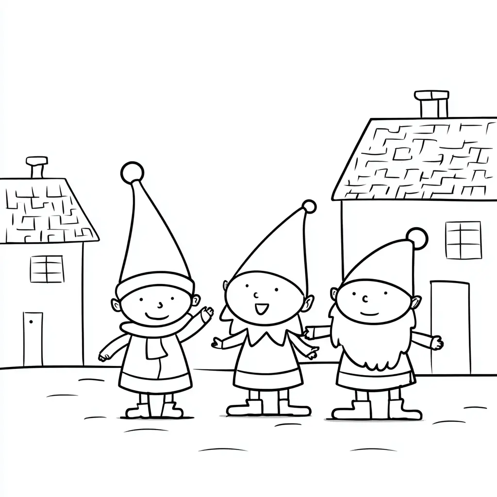 Dibujo de tres duendes en la aldea para colorear