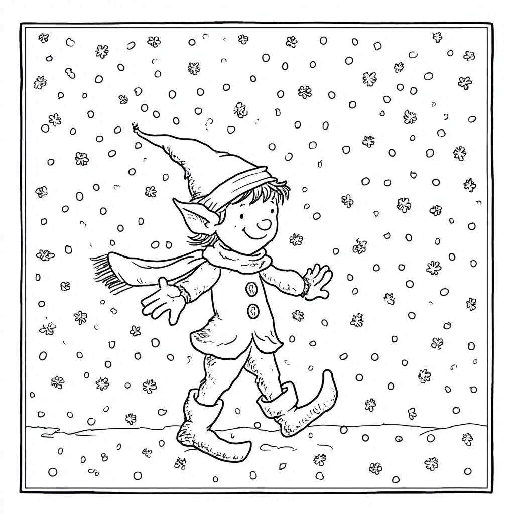 Dibujo de duende paseando bajo la nieve para colorear