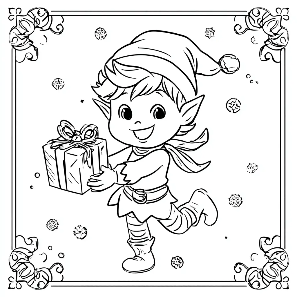Dibujo de duende con regalo de Navidad para colorear