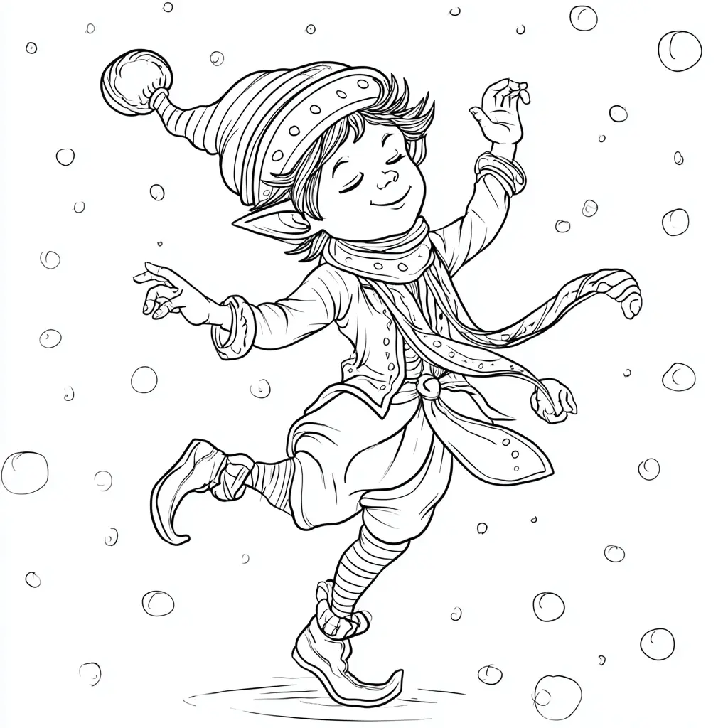 Dibujo de duende disfrutando de la nieve para colorear