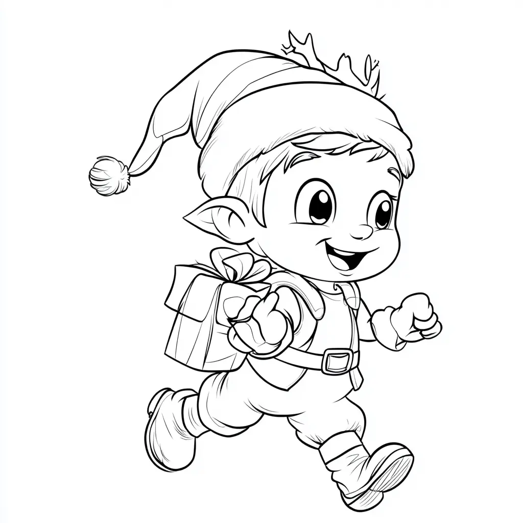 Dibujo de duende corriendo con regalo para colorear