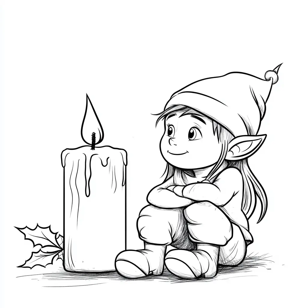 Dibujo de duende junto a la vela navideña para colorear