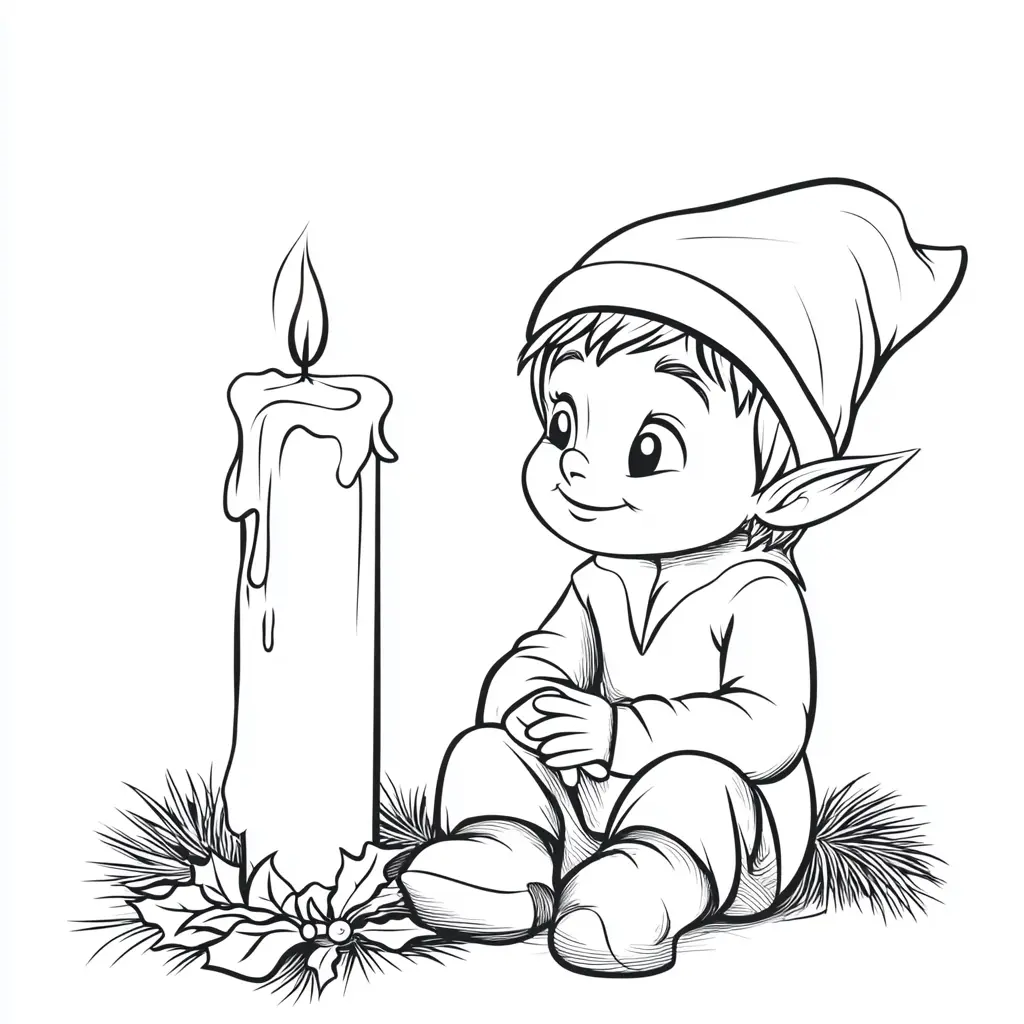 Dibujo de duende y la vela de Navidad para colorear