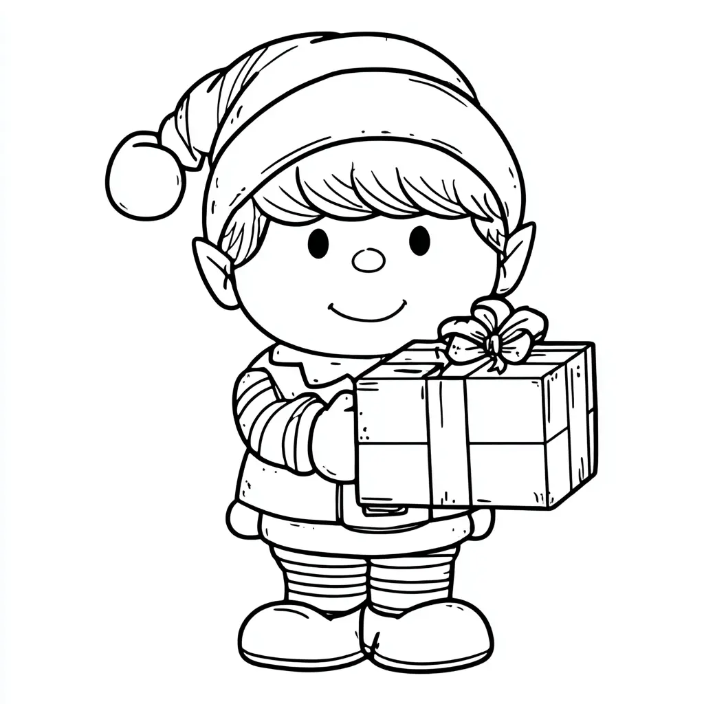 Dibujo de duende sonriente con regalo para colorear