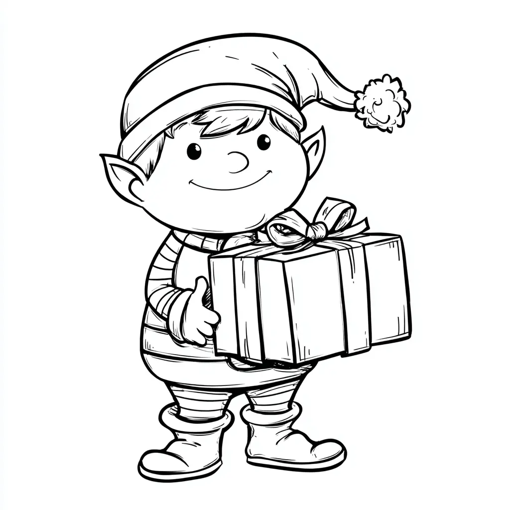 Dibujo de duende feliz con regalo para colorear