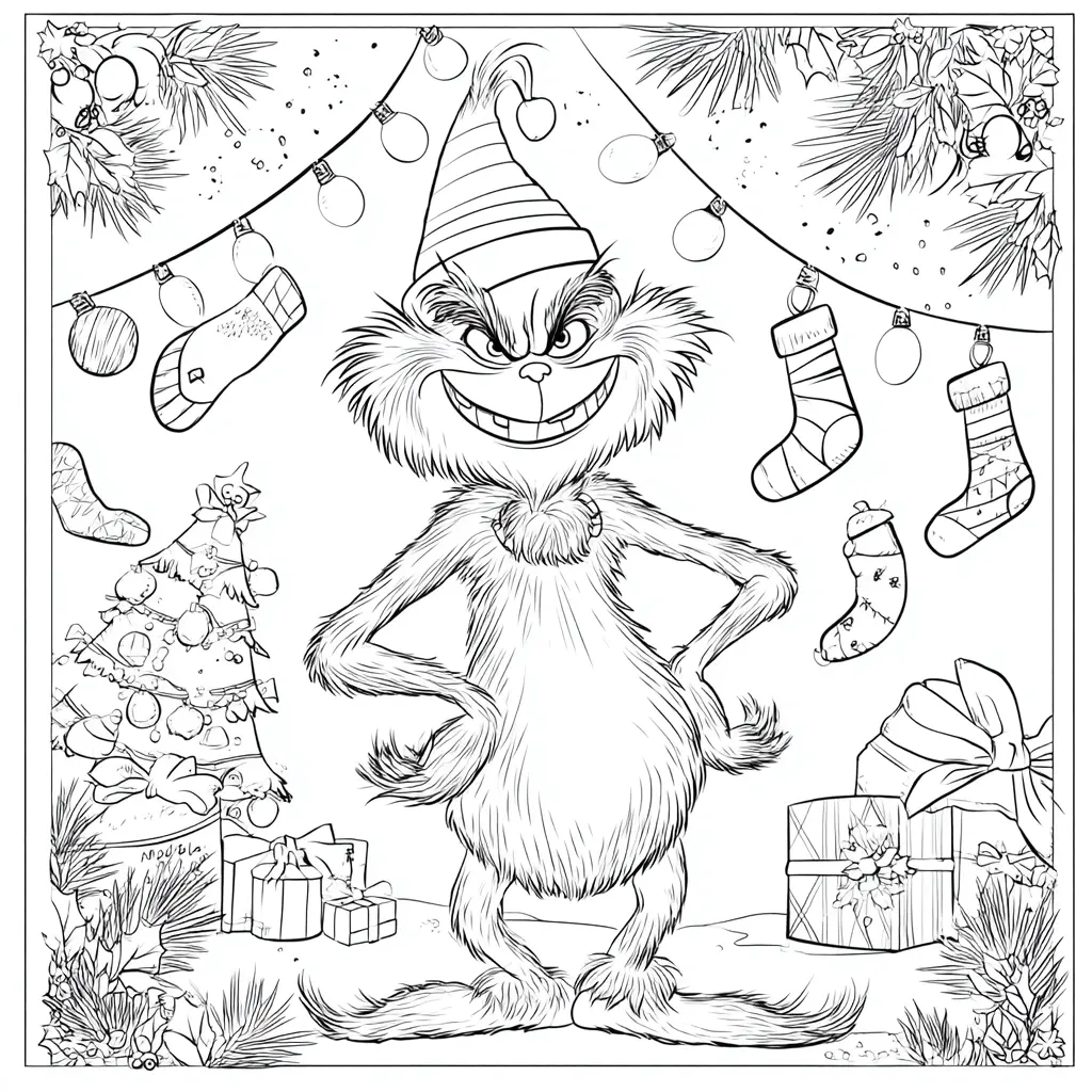 Dibujo de el Grinch con regalos navideños para colorear Dibujo de el Grinch con regalos navideños para colorear