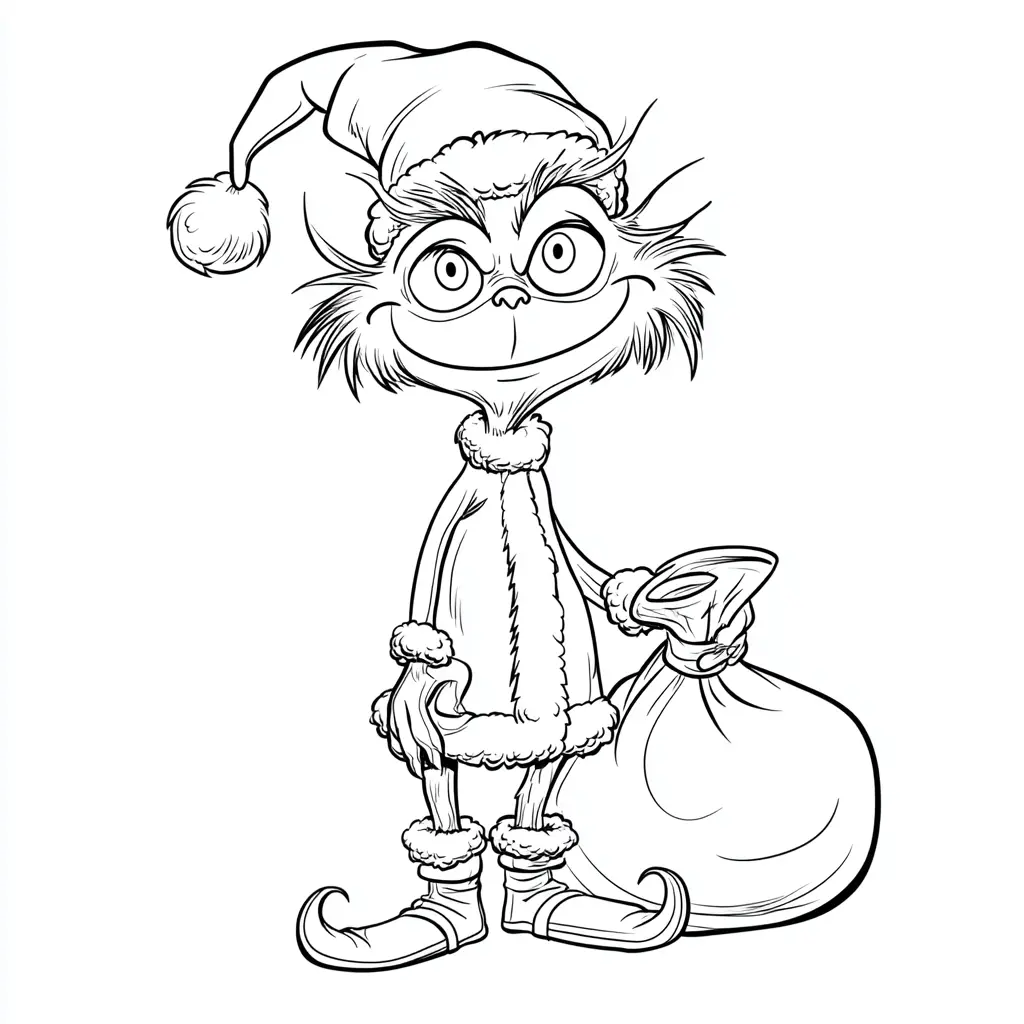 Dibujo de el Grinch con bolsa de regalos para colorear Dibujo de el Grinch con bolsa de regalos para colorear