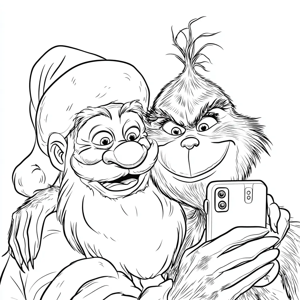 Dibujo de Santa Claus y Grinch con móvil para colorear Dibujo de Santa Claus y Grinch con móvil para colorear