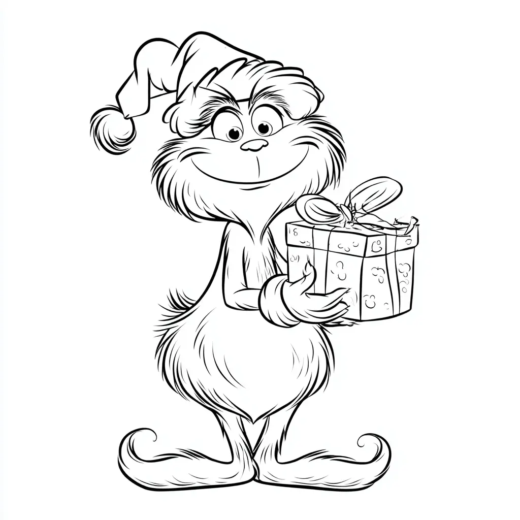 Dibujo de el Grinch feliz con regalo para colorear Dibujo de el Grinch feliz con regalo para colorear