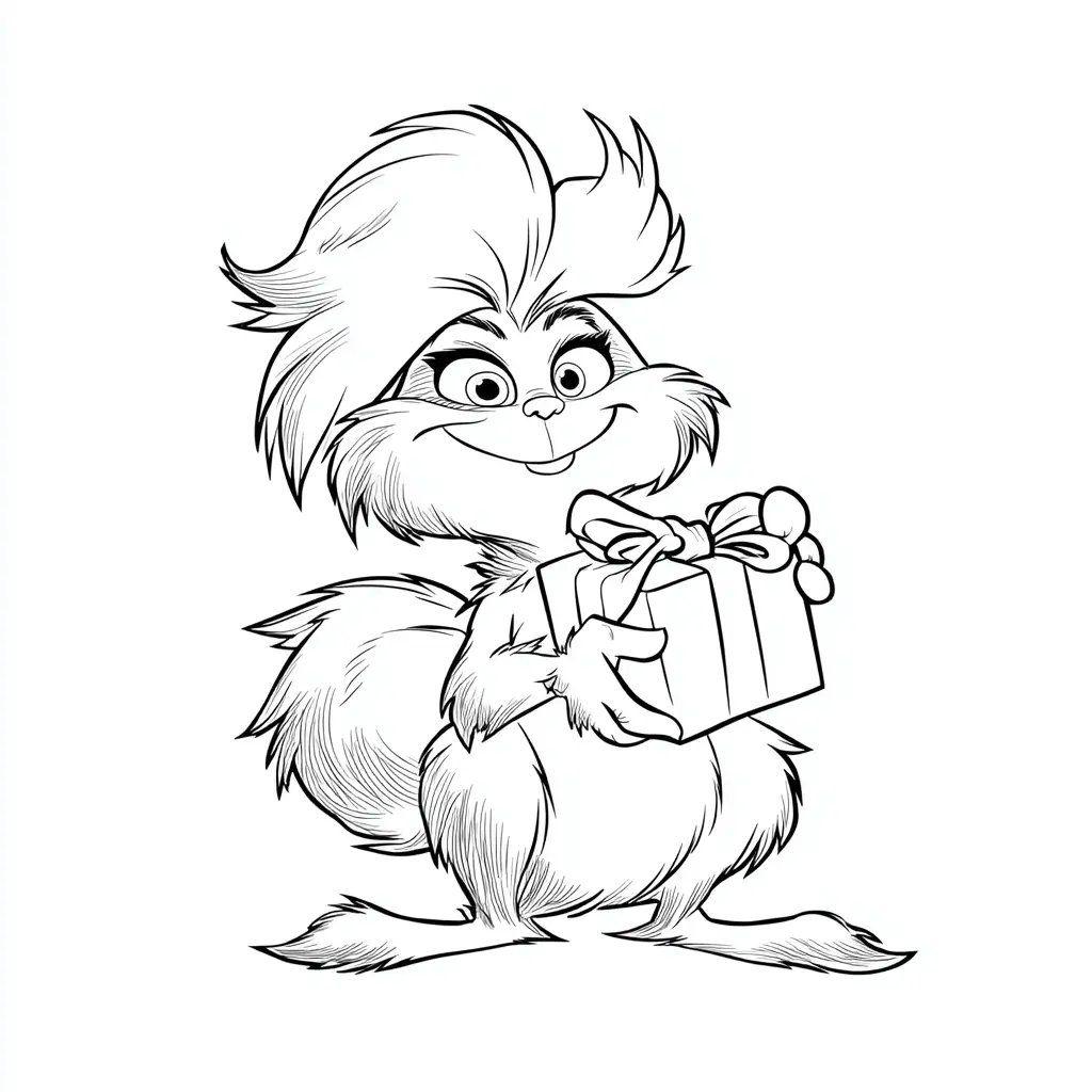Dibujo de El Grinch con peluca y regalo para colorear Dibujo de El Grinch con peluca y regalo para colorear