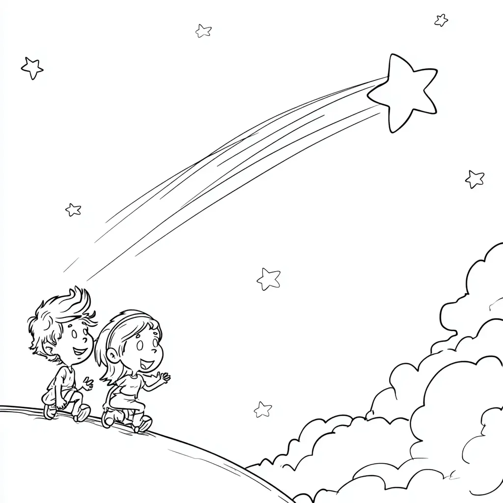 Dibujo de los niños y la estrella fugaz para colorear Dibujo de los niños y la estrella fugaz para colorear