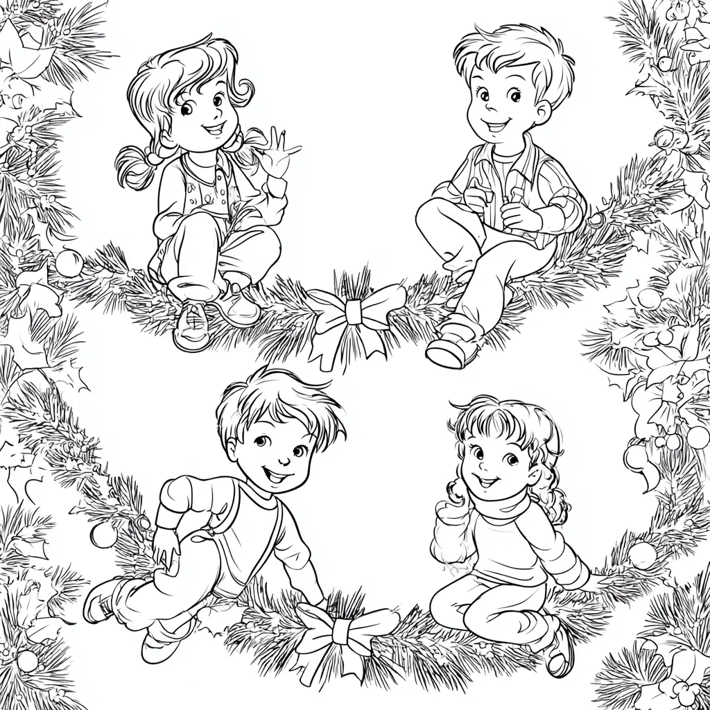 Dibujo de las guirnaldas de los niños felices para colorear Dibujo de las guirnaldas de los niños felices para colorear