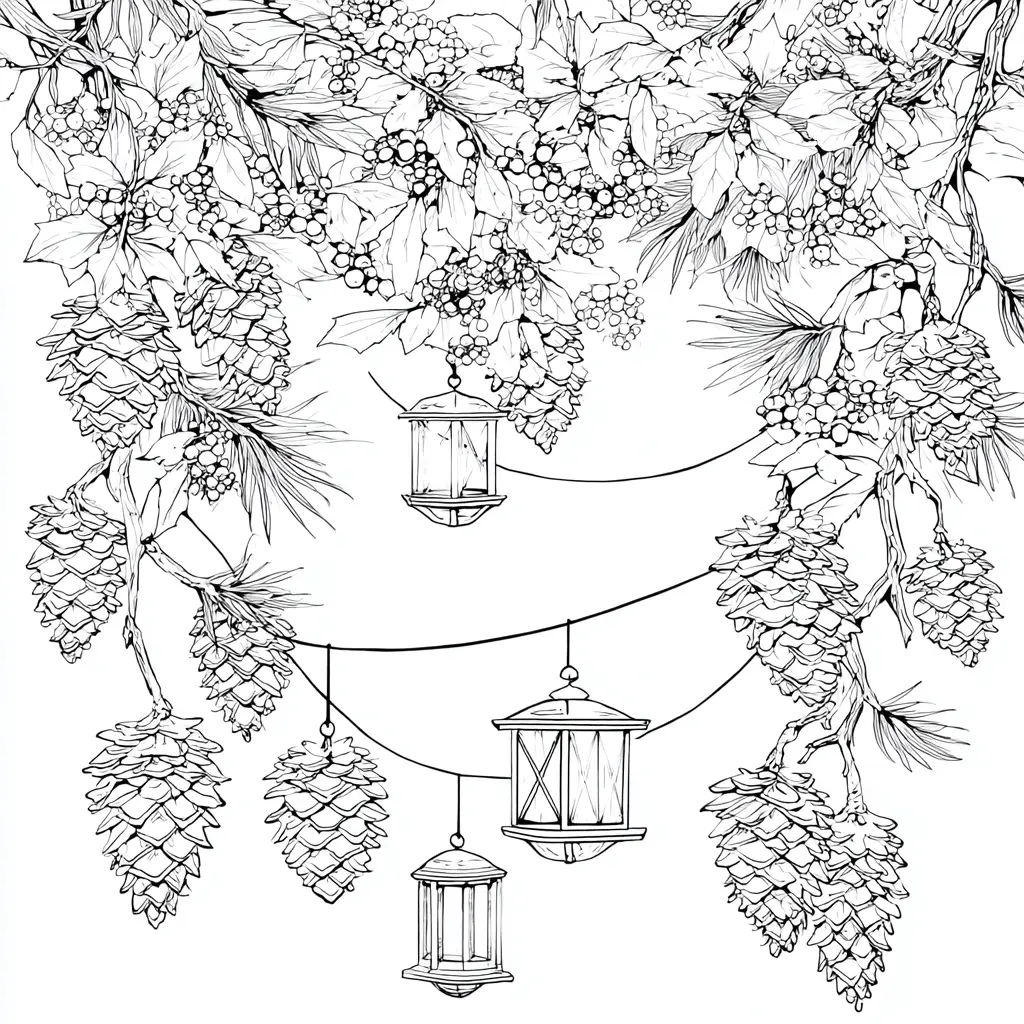 Dibujo de guirnalda con piñas y faroles para colorear Dibujo de guirnalda con piñas y faroles para colorear