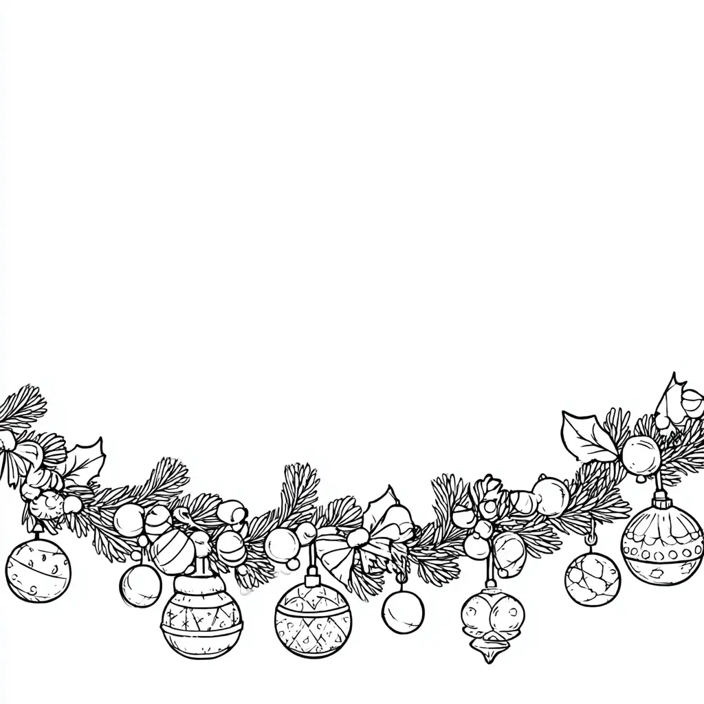 Dibujo de guirnalda con adornos navideños para colorear Dibujo de guirnalda con adornos navideños para colorear