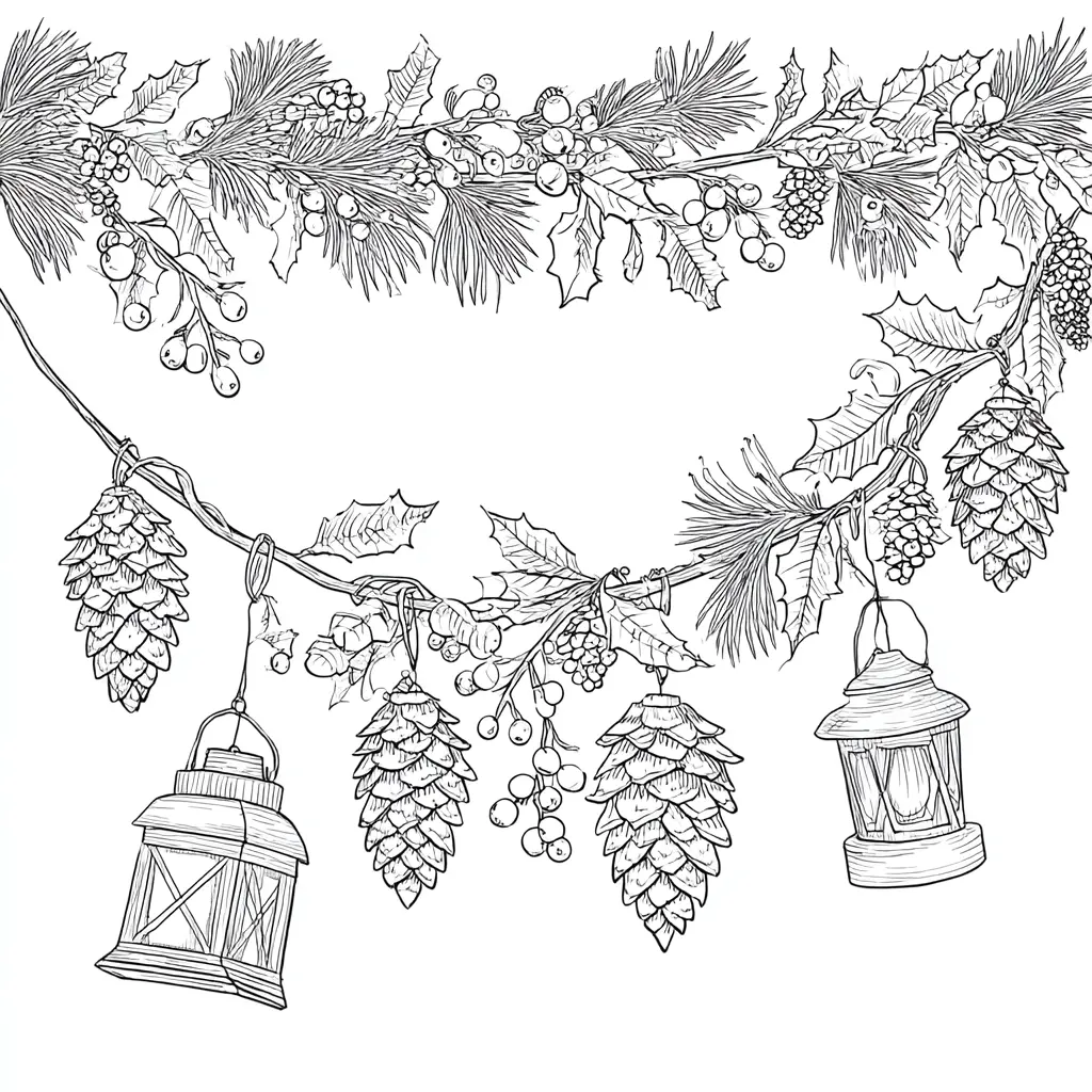 Dibujo de guirnalda de acebo y piñas para colorear Dibujo de guirnalda de acebo y piñas para colorear