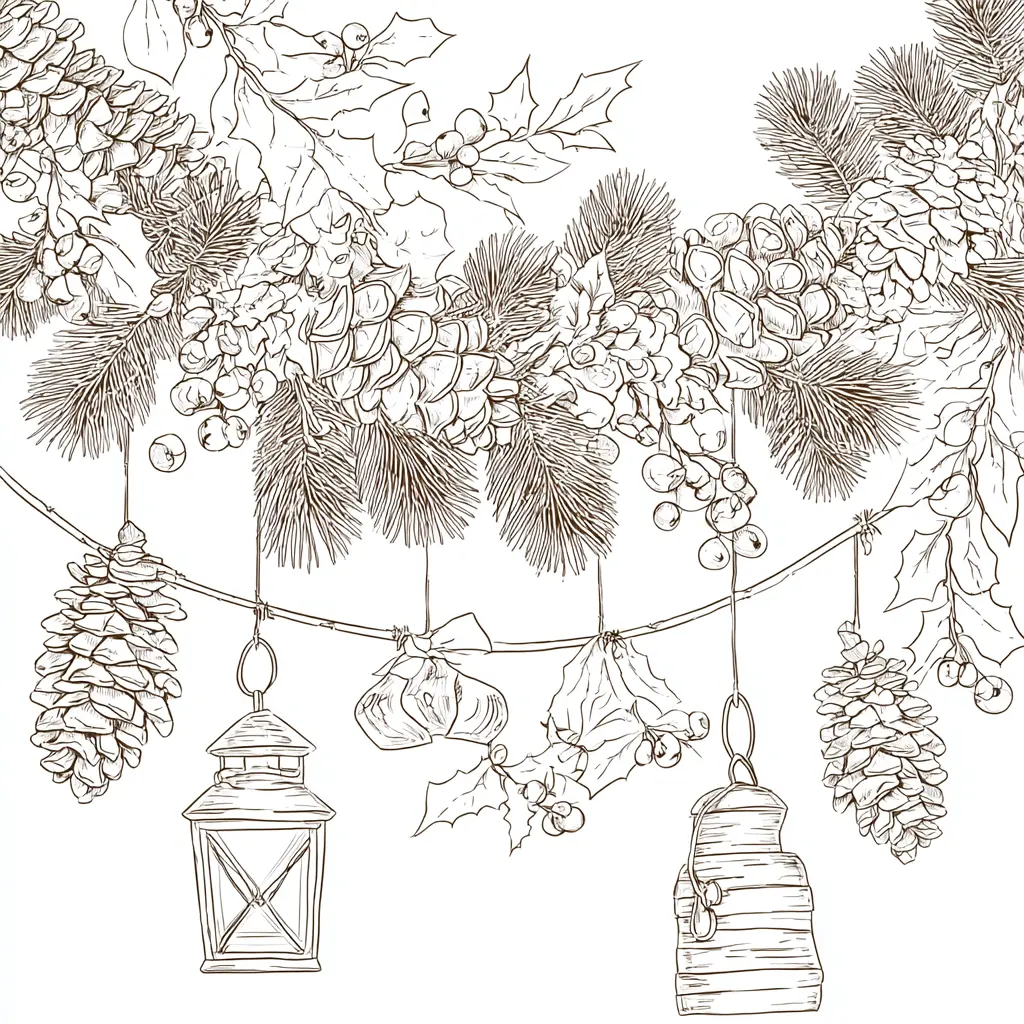 Dibujo de guirnalda de ramas y piñas para colorear Dibujo de guirnalda de ramas y piñas para colorear