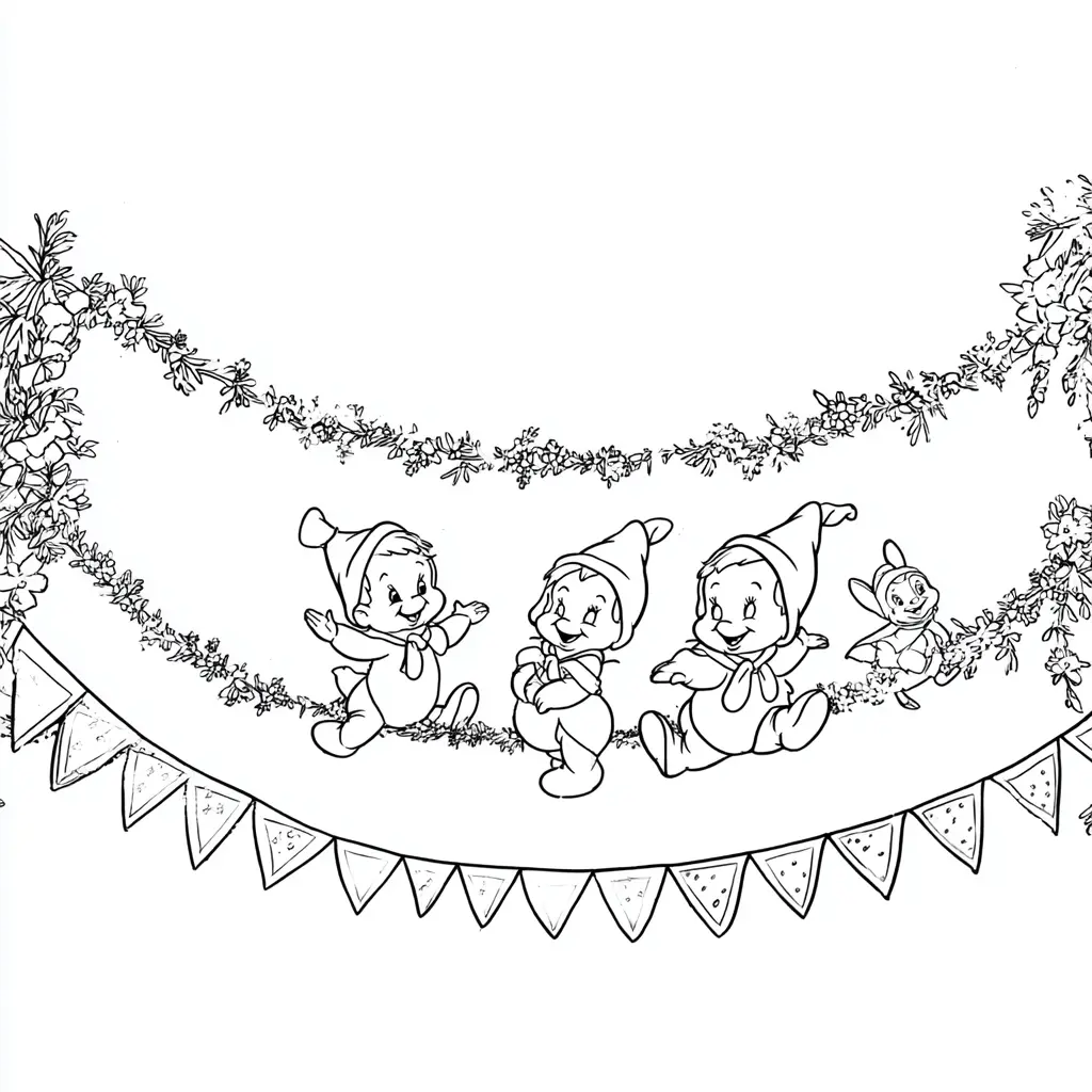 Dibujo de duendecillos y guirnaldas para colorear Dibujo de duendecillos y guirnaldas para colorear