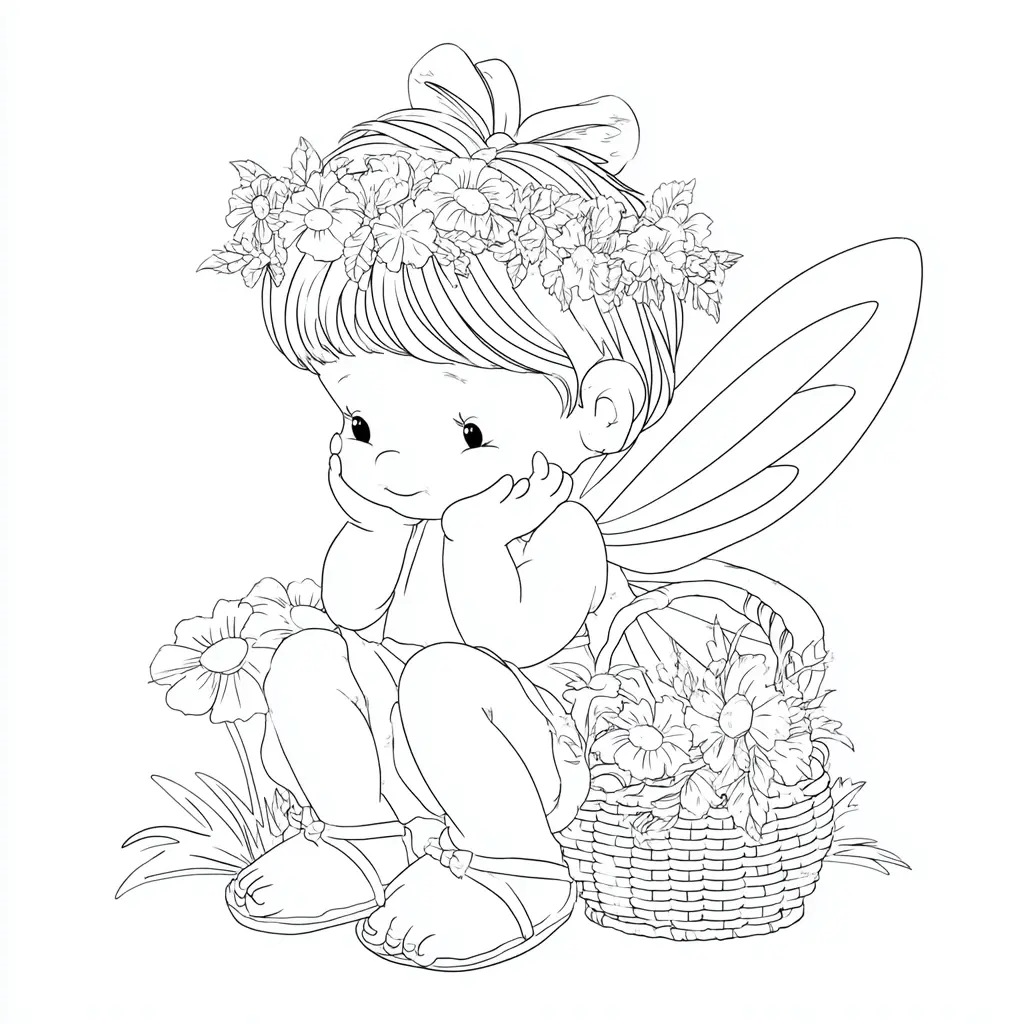 Dibujo de tierna hada con margaritas para colorear Dibujo de tierna hada con margaritas para colorear