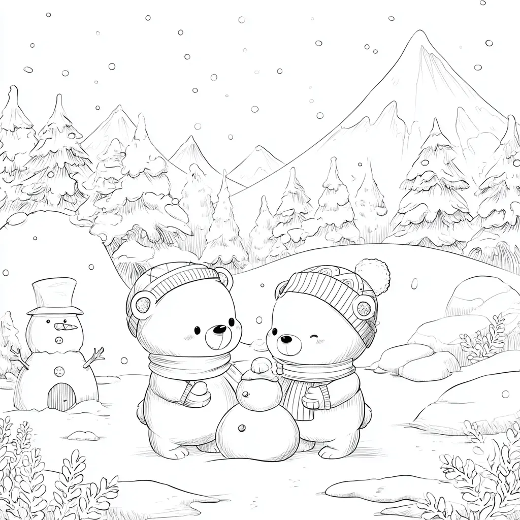Dibujo de los ositos y el muñeco de nieve para colorear