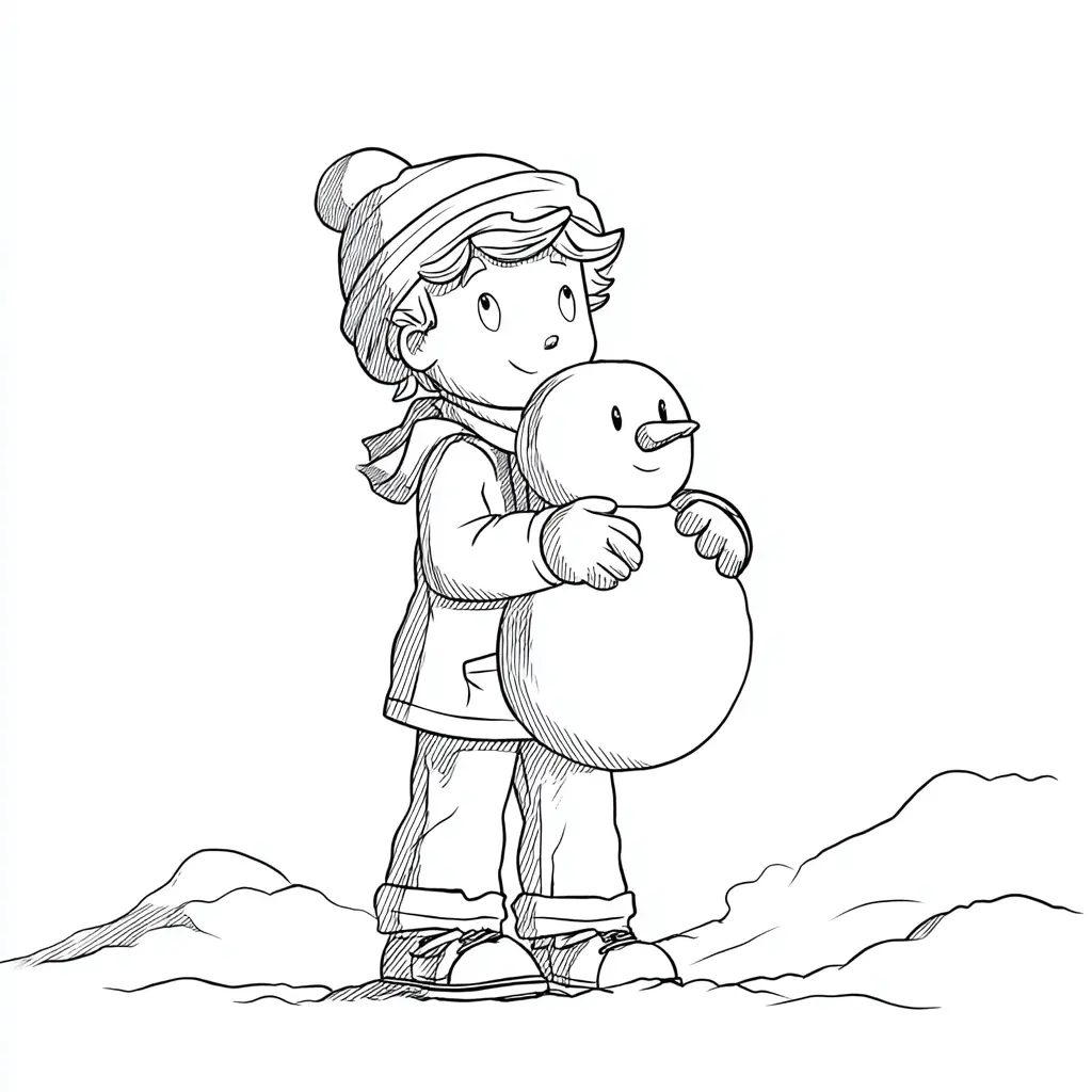 Dibujo de el niño y su muñeco de nieve para colorear