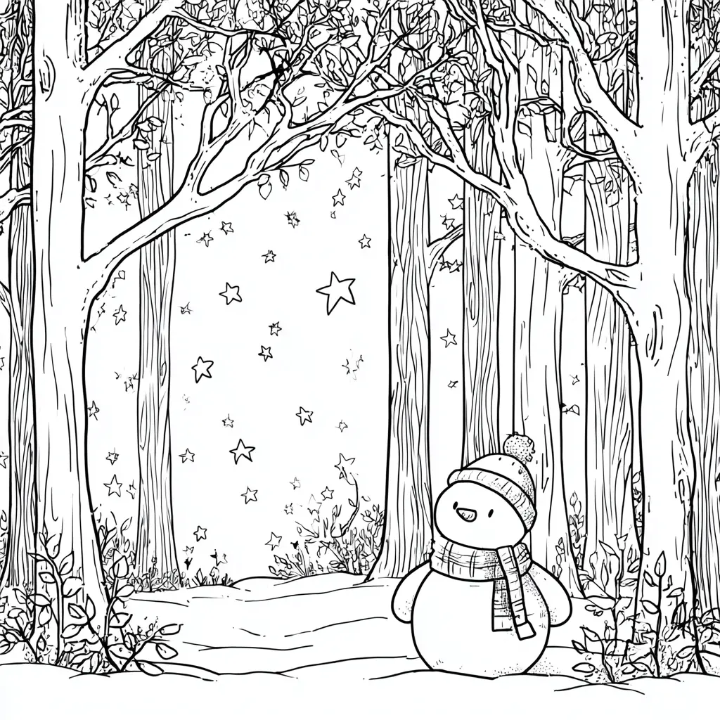 Dibujo de muñeco de nieve en el bosque mágico para colorear