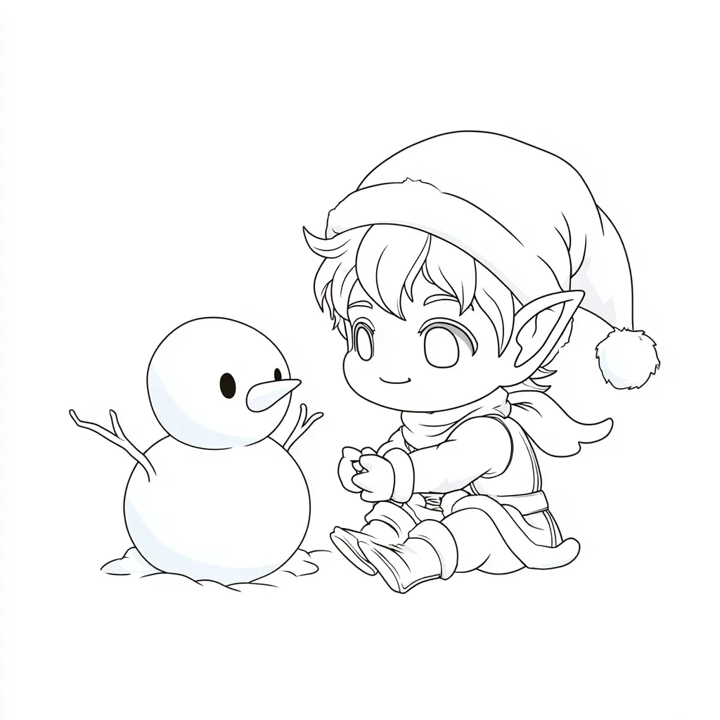 Dibujo de muñeco de nieve y duendecillo para colorear