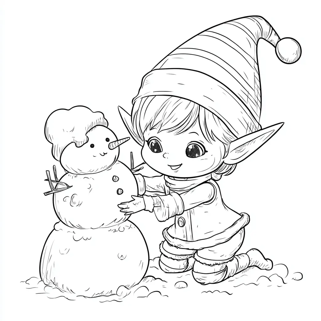Dibujo de el pequeño elfo con muñeco de nieve para colorear