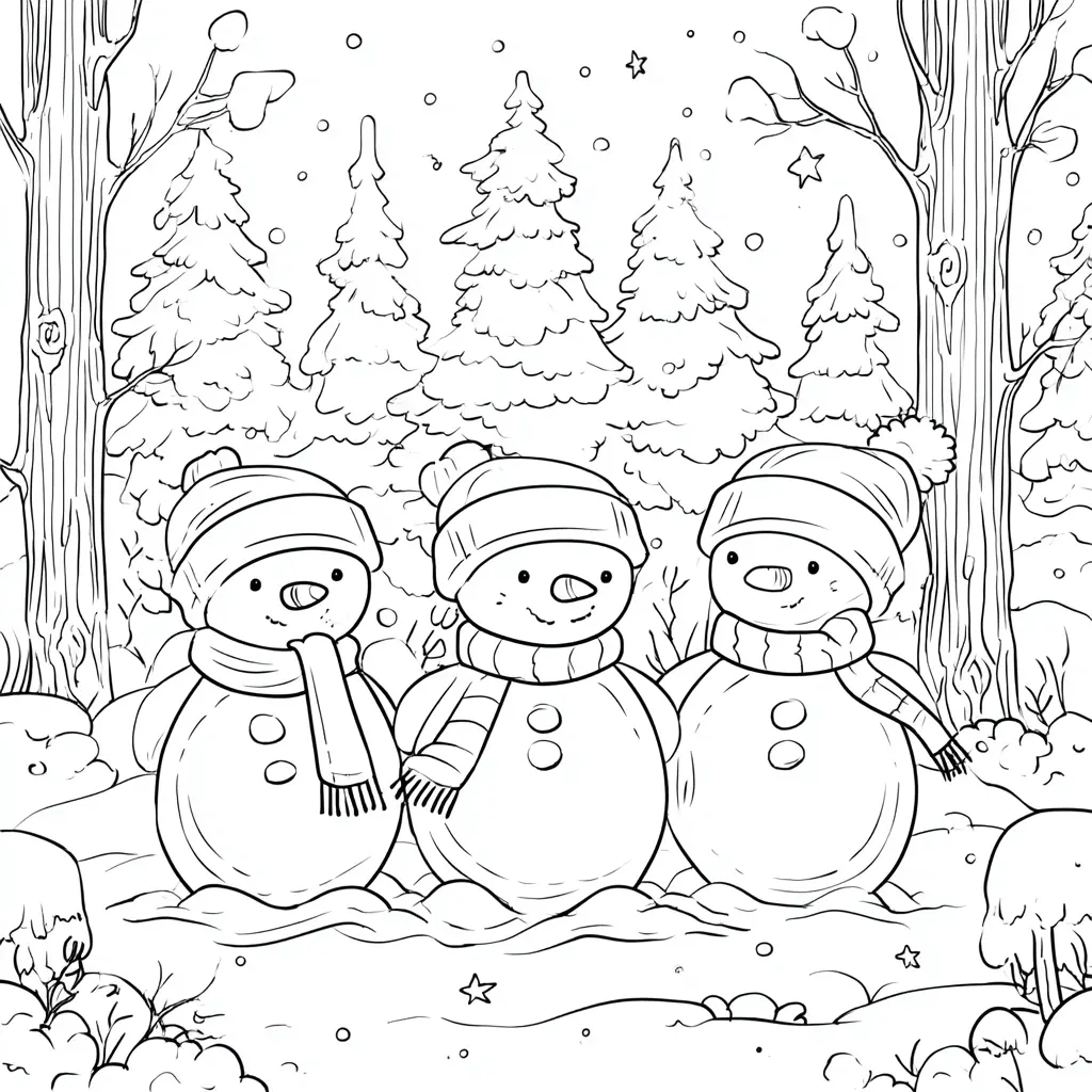 Dibujo de tres muñecos de nieve en el bosque para colorear
