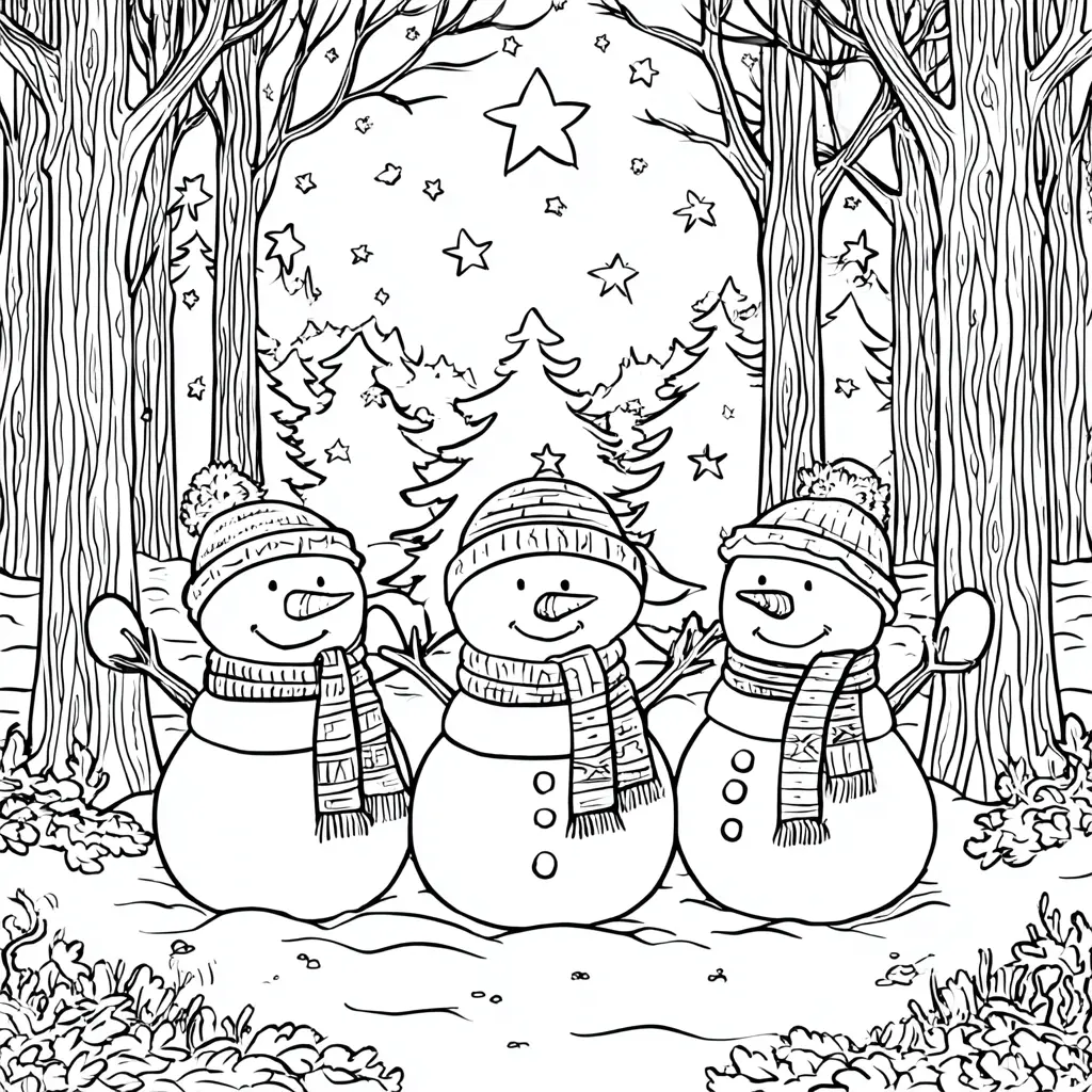 Dibujo de tres muñecos de nieve jugando para colorear
