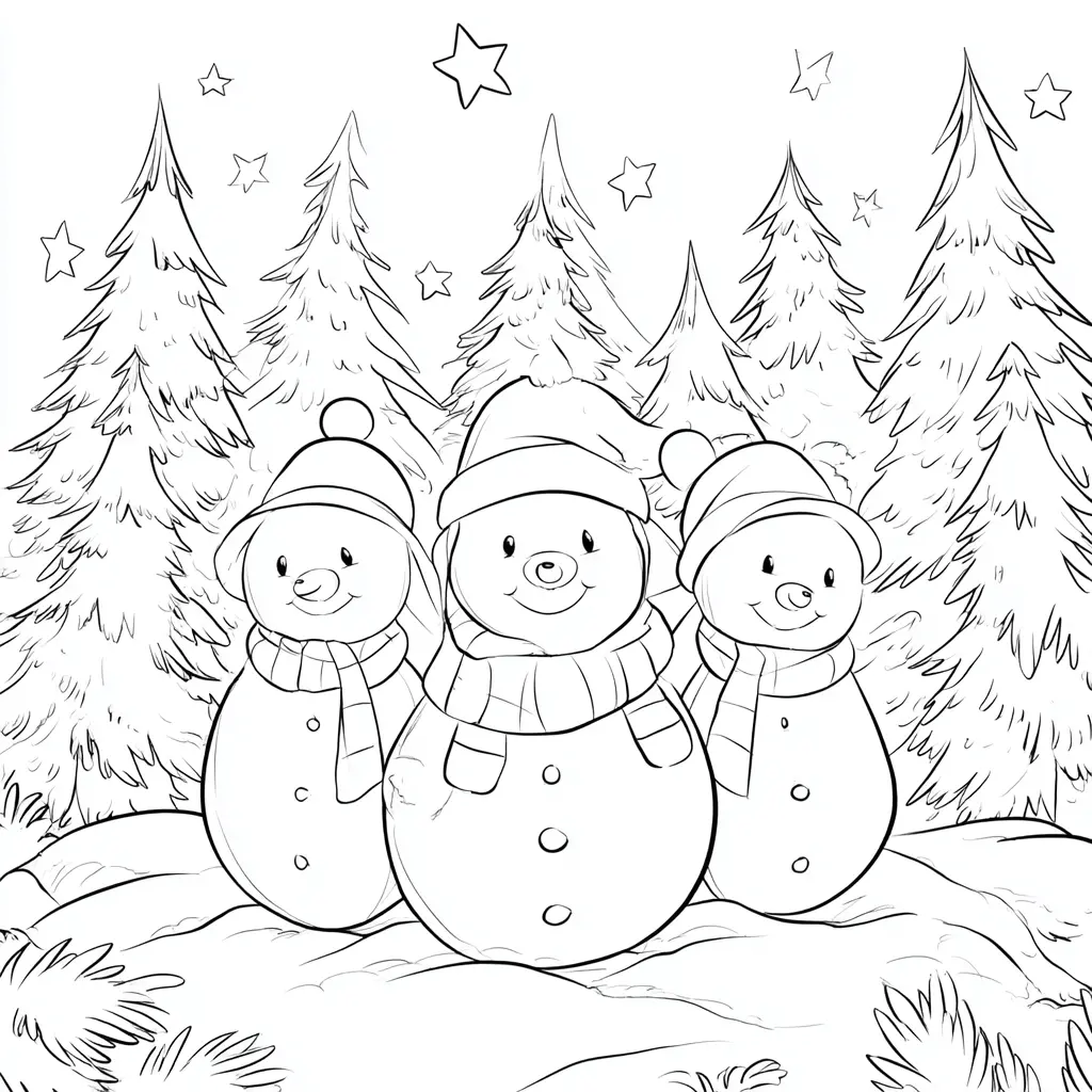 Dibujo de tres muñecos de nieve sonriendo para colorear