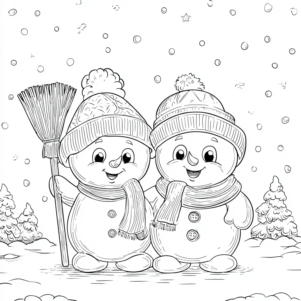 Dibujo de dos tiernos muñecos navideños para colorear