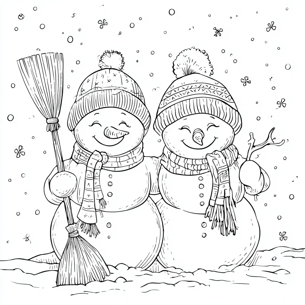 Dibujo de dos muñecos de nieve felices para colorear