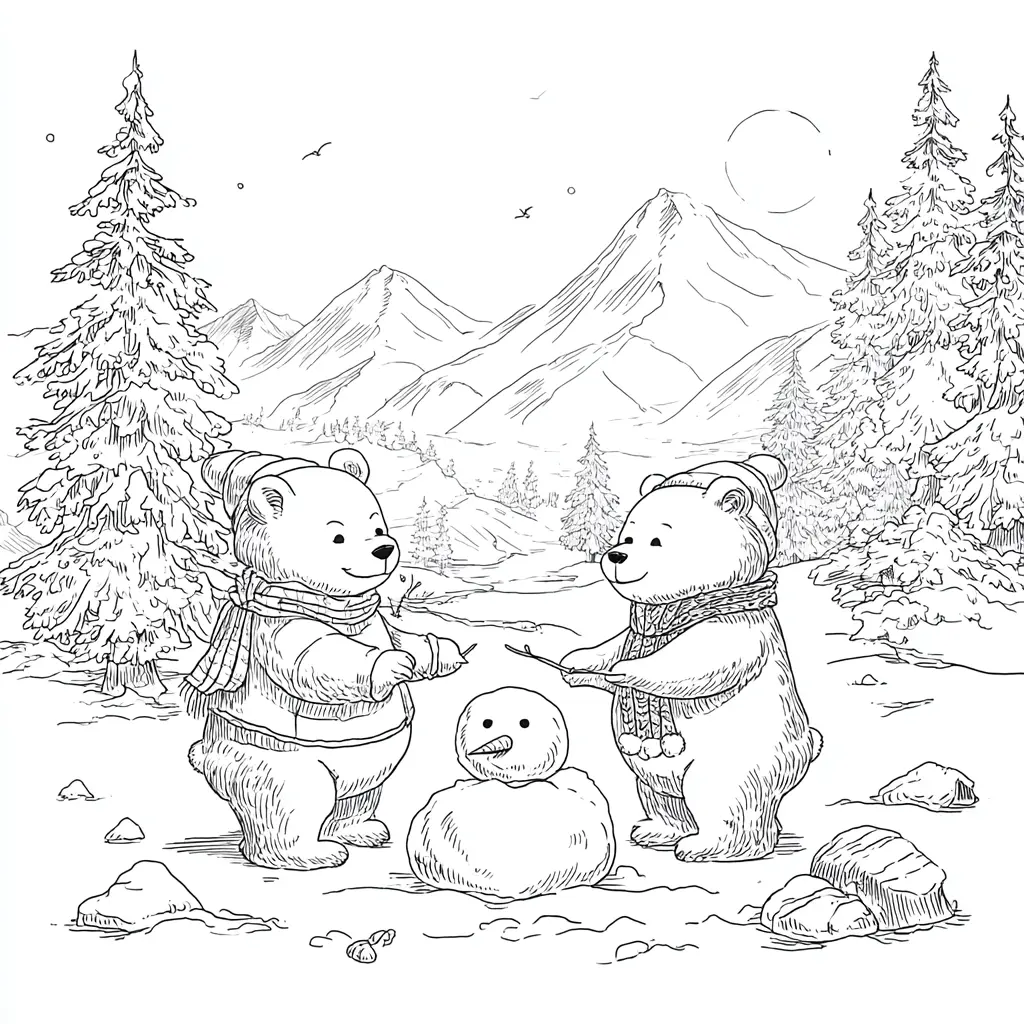 Dibujo de dos osos polares creando un muñeco para colorear