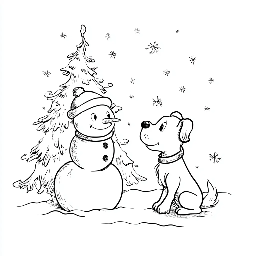 Dibujo de el perro sonríe al muñeco de nieve para colorear